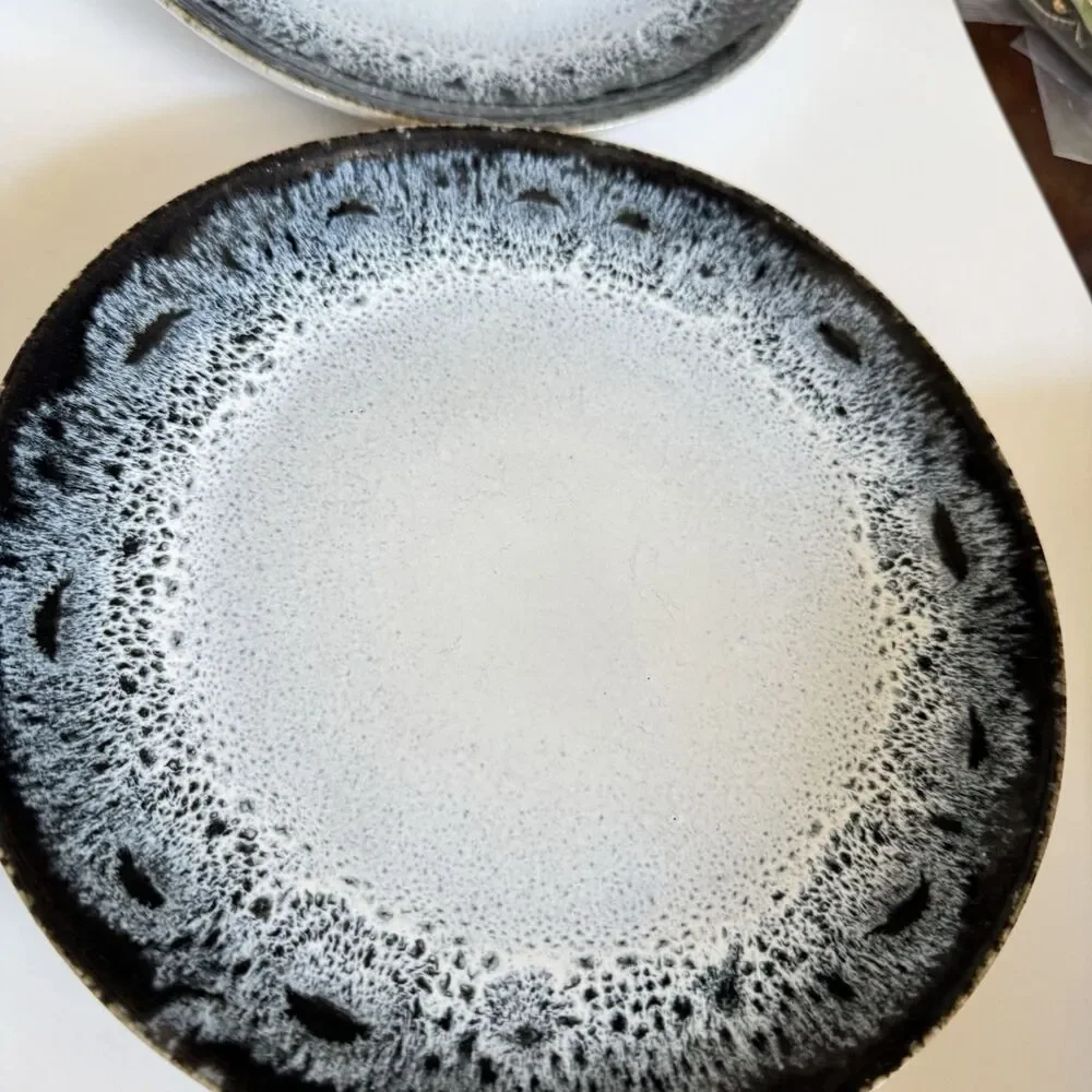 4 West Elm Reactive Glaze Blue Black White Brown Salad Bread Lunch Plates